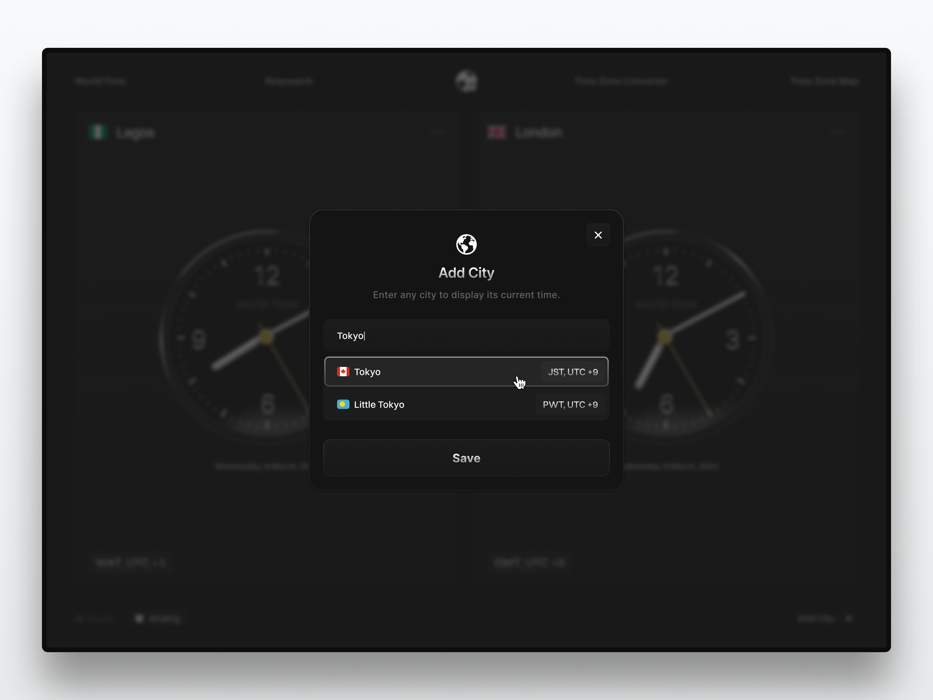 World Time - Add City Modal add city dark mode design dropdown explore figma location modal time ui ux web design world time