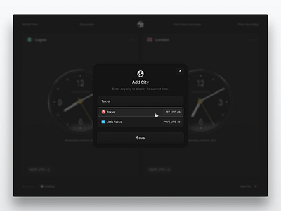 World Time - Add City Modal add city dark mode design dropdown explore figma location modal time ui ux web design world time