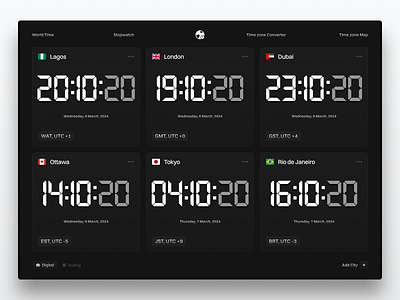 World Time clock dark mode design explore figma locations stopwatch time zones timer ui ux web design world time