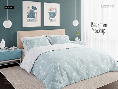 Bedroom Bedding and Wallpaper Mockup bed bedding creator custom design etsy home interior mocart mock up pattern room smart object surface wall wall mockup wallpaper