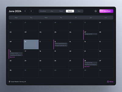 Calendar component button calendar component dark mode design system gradient mesh gradient minimal modal pink purple style guide tab bar