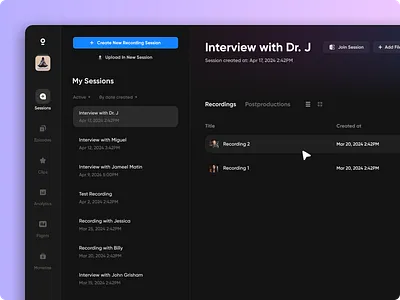 Audio + Video Dashboard audio creation dark mode dashboard design desktop edit editor files interview menu record settings social social media table ui video video editor