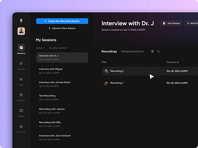 Audio + Video Dashboard audio creation dark mode dashboard design desktop edit editor files interview menu record settings social social media table ui video video editor