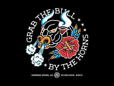 Grab the Bull by the Horns american traditional bull horns illustration rose tshirt design