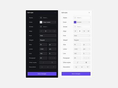 Editor Styling Panel Components component dark mode design editor design editor ui design system editing editor figma figma ui layout light mode modal modals options product design saas style ui ui components ux