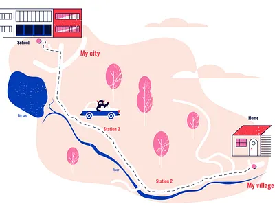 Route home car direction forest home house lake map river route school