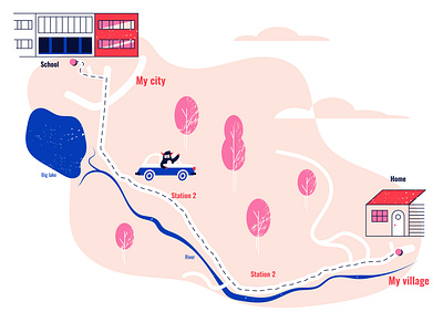 Route home car direction forest home house lake map river route school