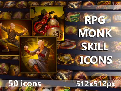 RPG Monk Skill Game Icons 2d art asset assets fantasy game game assets gamedev icon icons illustration indie indie game mmorpg monk rpg set skill skills ui