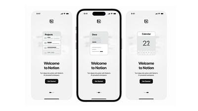 Notion iOS app welcome screen design concept animation application black and white clean design clean ui design figma graphic design illustration minimal minimalism minimalistic mobile mobile app motion graphics notion product design ui ux welcome