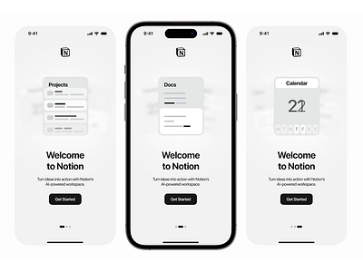 Notion iOS app welcome screen design concept animation application black and white clean design clean ui design figma graphic design illustration minimal minimalism minimalistic mobile mobile app motion graphics notion product design ui ux welcome