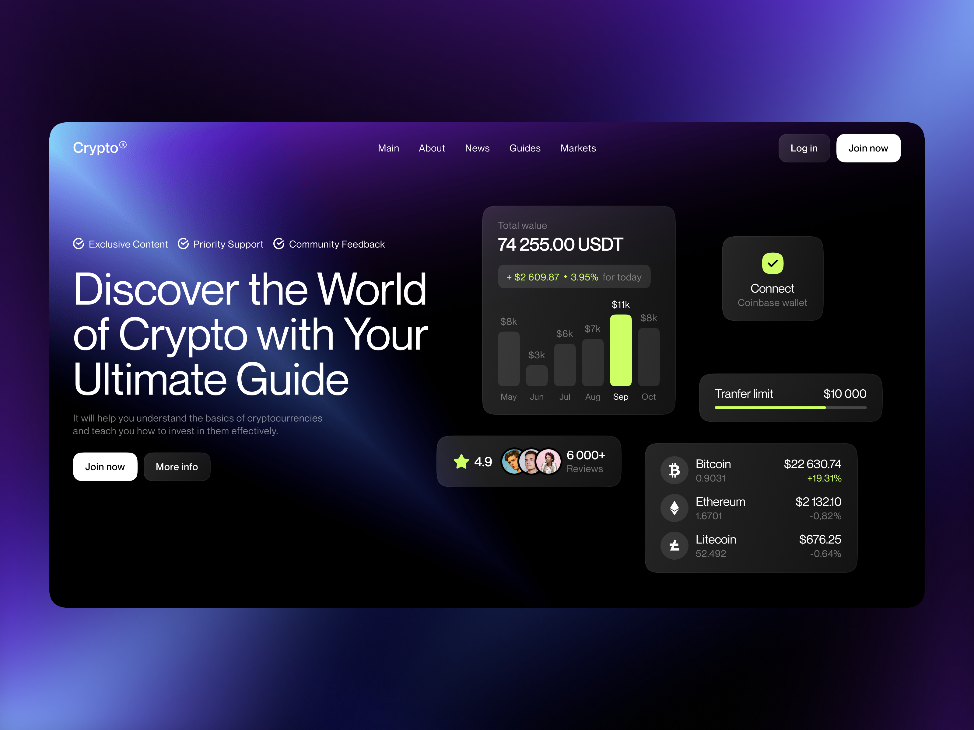 Crypto Education Landing Page chain clean coin courses crypto cryptocurrency defi dex education exchange saas startup token ui ux web design whitelist