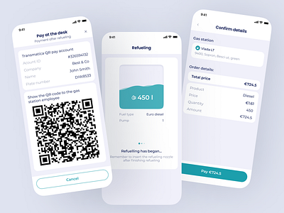 Refueling process (postpaid at the cash register) app b2b b2c create design fuel interface light mobile pay product qr refill refuel theme ui ux