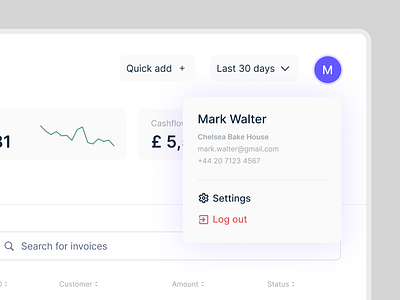 Profile Dropdown/Menu dashboard finance insights menu ui