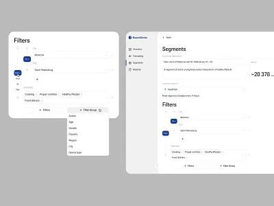 Filtration in segments using logical operators andornot dropdown dsp filter filter ggroup filters hours hover ogical operators product design programmatic programmatic platform reach segments ui user ux web design