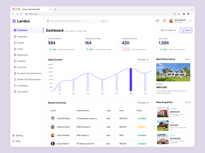 Landco - Real Estate CRM admin pannel clean crm dashboard design minimal property management real estate real estate crm real estate management saas software ui ui design uiux web design website design