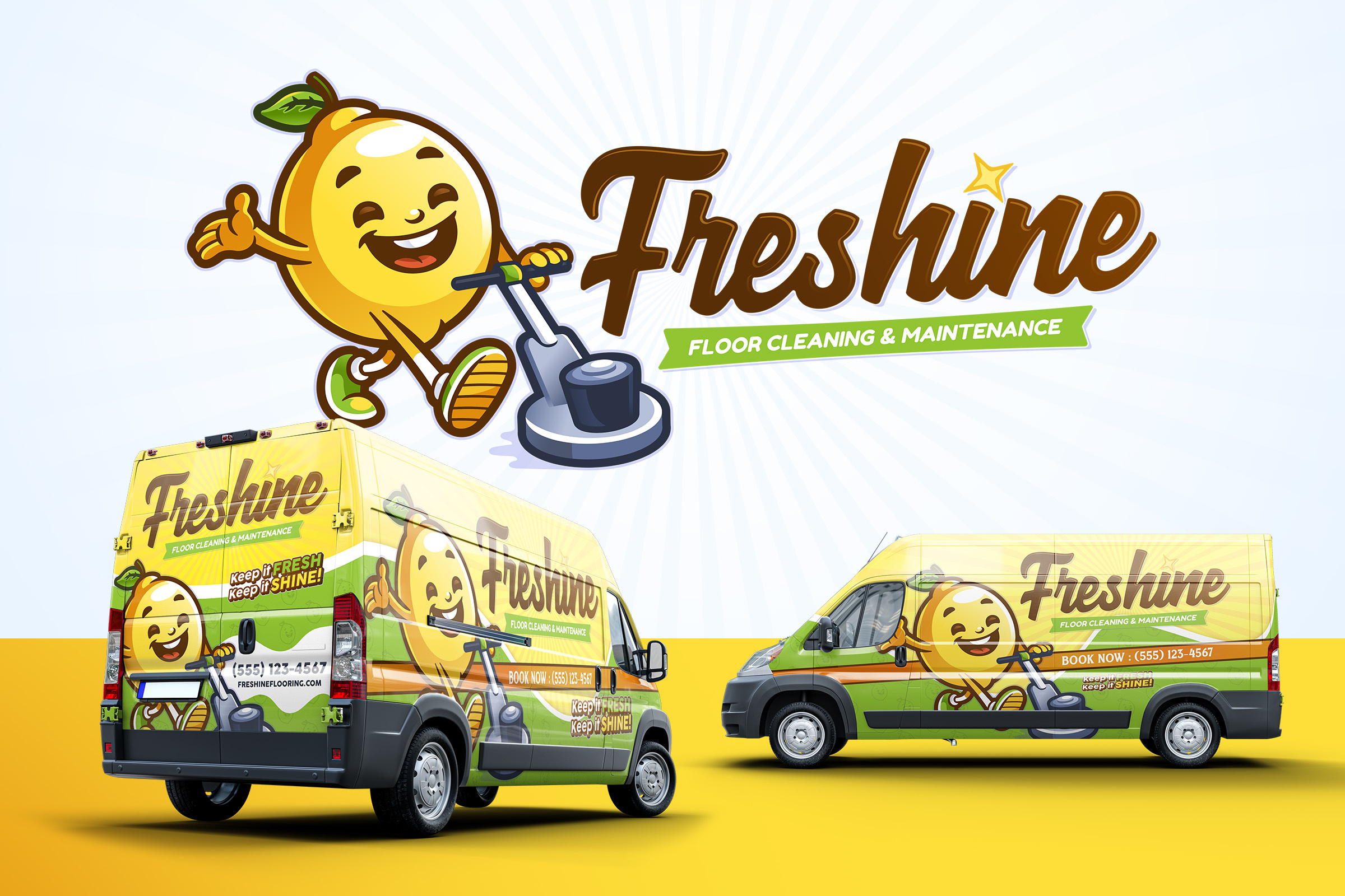 FRESHINE FLOORING Lemon Mascot Logo bold branding cleaning gaming logo home service logo hvac illustration logo design mascot logo playful plumbing sportslogo vehicle vehicle wrap