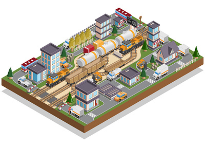 City. Railroad station. Isometric. Vector illustration. buildings infrastructure isometric locality urban