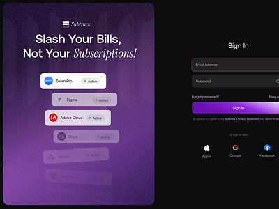 Sign in - Subtrack app design gradient landing page log in sign in subscription tracker ui ux