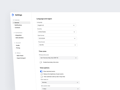 Calendar web app UI - ChronoCal (General Setting) calendar app calendar dashboard calendar ui calendar ui design dashboard design general setting global setting menu bar navigation bar product design product designer saas setting setting setting app setting page settings side bar design ui design web app web app design