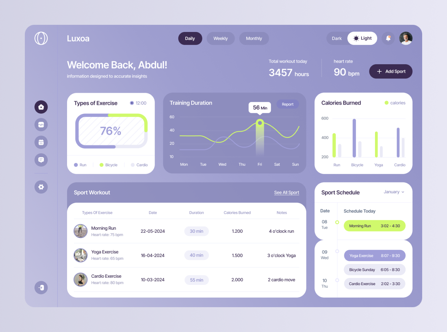 Luxoa - Sport Training Check Dashboard analysis analytic clean dashboard data design exercise minimal playfull sport sports ui unique ux
