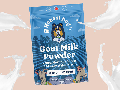 Goat Milk Powder packaging design for pet care company blue branding dog drawing goat graphic design illustration milk pet care powder vintage