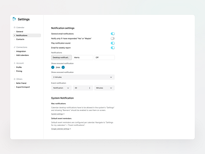 Calendar web app UI - ChronoCal (Notification Setting) calendar app calendar software calendar web app dashboard dashboard design global setting navigation bar notification notification modal notification setting notifications product design product designer saas saas ui setting side bar ui design web app web app design