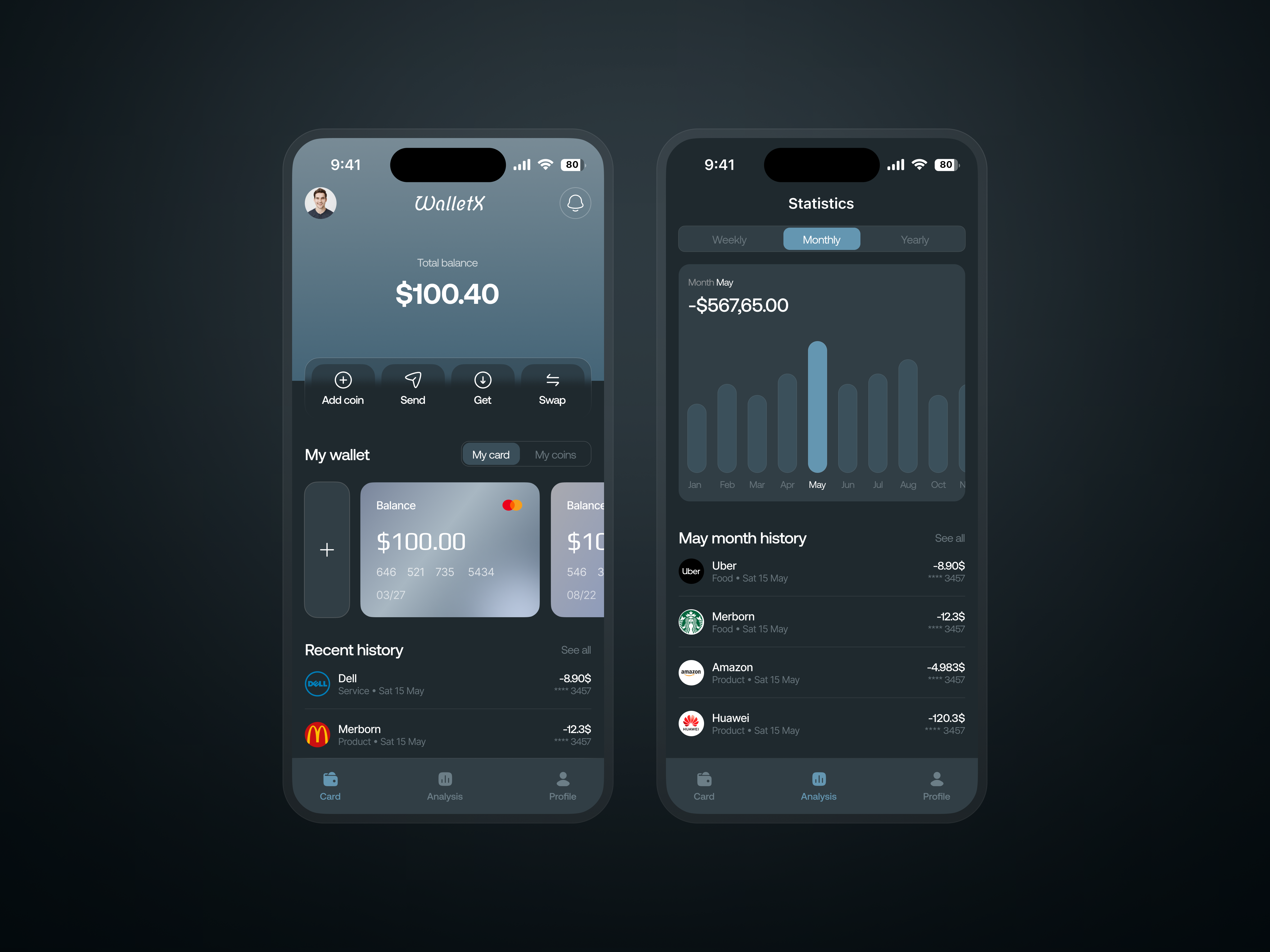 WalletX Mobile App app design clean design dark design master card mobile app onlien payment online shoping online wallet payment product desgin uiux uiux designer wallet wallet mobile app