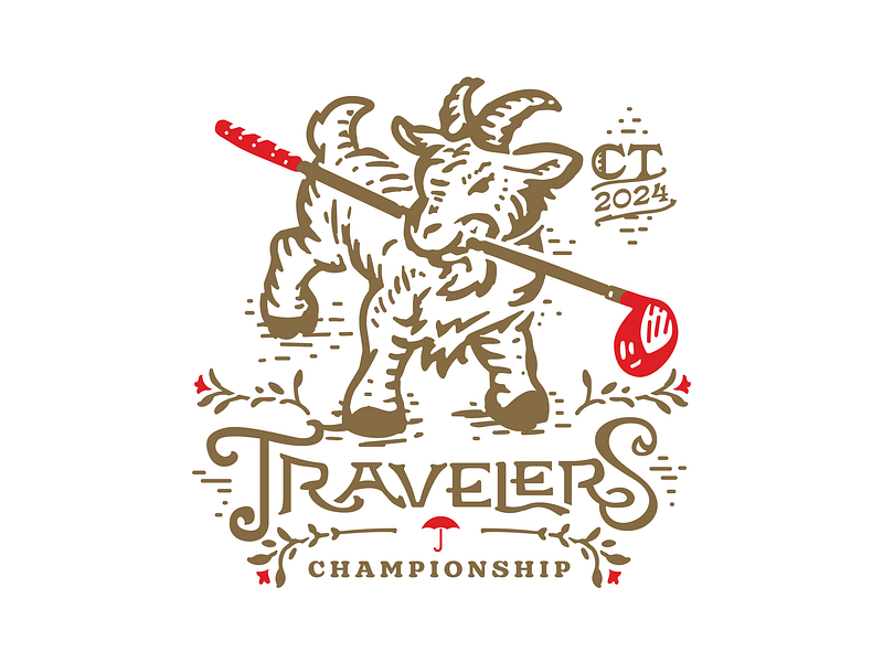 Travelers Championship 2024 branding connecticut cute drawing farm goat golf golf club hand drawn illustration insurance lettering logo logos merch new england rustic sports tshirt