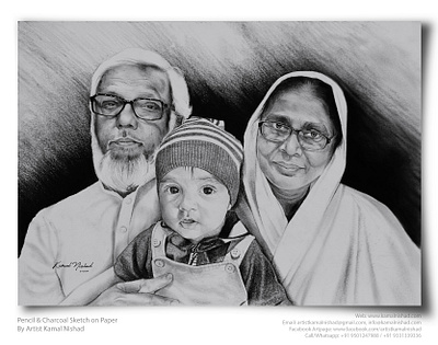 KID WITH DADA-DADI - Pencil & Charcoal Sketch beautiful moments charcoal drawing design gift for parents group portrait sketch group sketch illustration kamal nishad kamalnishad kid sketch pencil art pencil drawing pencil sketch portrait art sketch art sketch for parents