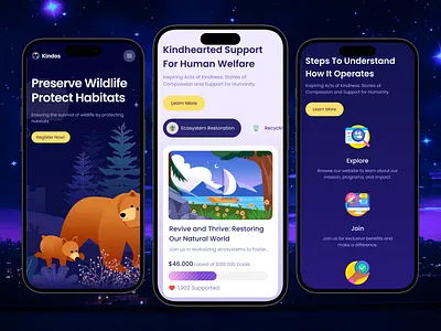 Charity Landing Page-kindos 2d illustration animal app branding charity design donation forest graphic design homepage illustration illustration mobile app illustration website landing page logo plant tree ui vector wild