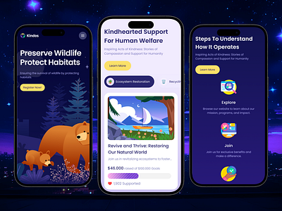 Charity Landing Page-kindos 2d illustration animal app branding charity design donation forest graphic design homepage illustration illustration mobile app illustration website landing page logo plant tree ui vector wild