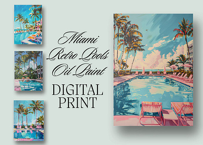 Miami Retro Pools Oil Paint Digital Print