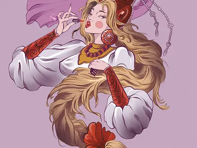 Russian girl artist cartoon style colors design charaster girle illustration natioinal print russia woman