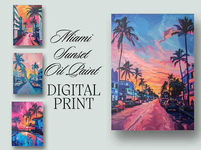 Miami Sunset Oil Paint Digital Print
