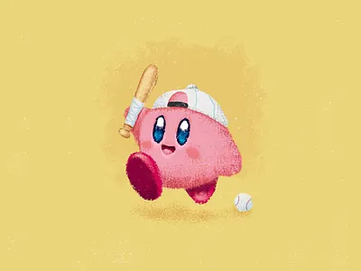 Let's Play 2d baseball crayon illustration kirby nintendo pink video game yellow