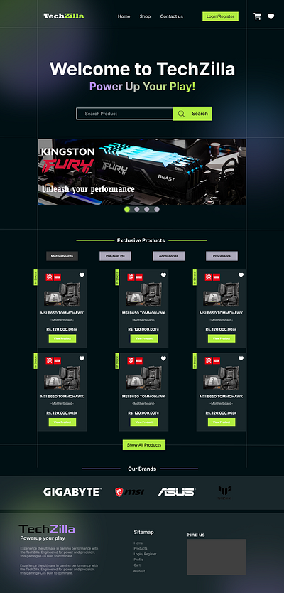 'TechZilla' online e-commerce platform Landing Page UI Design design e commerce graphic design landing page modern modern ui tech ui