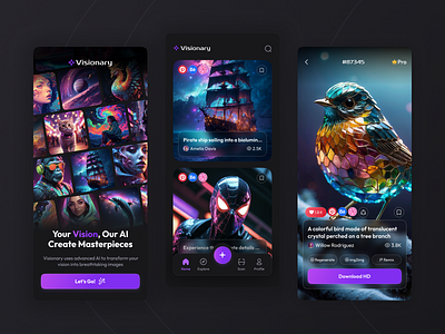 AI Image Generator App - Visionary ai app application art artificial intelligence clean dark design figma generate illustration image image ai image generator midjourney mobile text to image trend ui ux