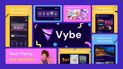 Vybe houseparty planning App app bento branding design grid illustration logo minimal ui vector