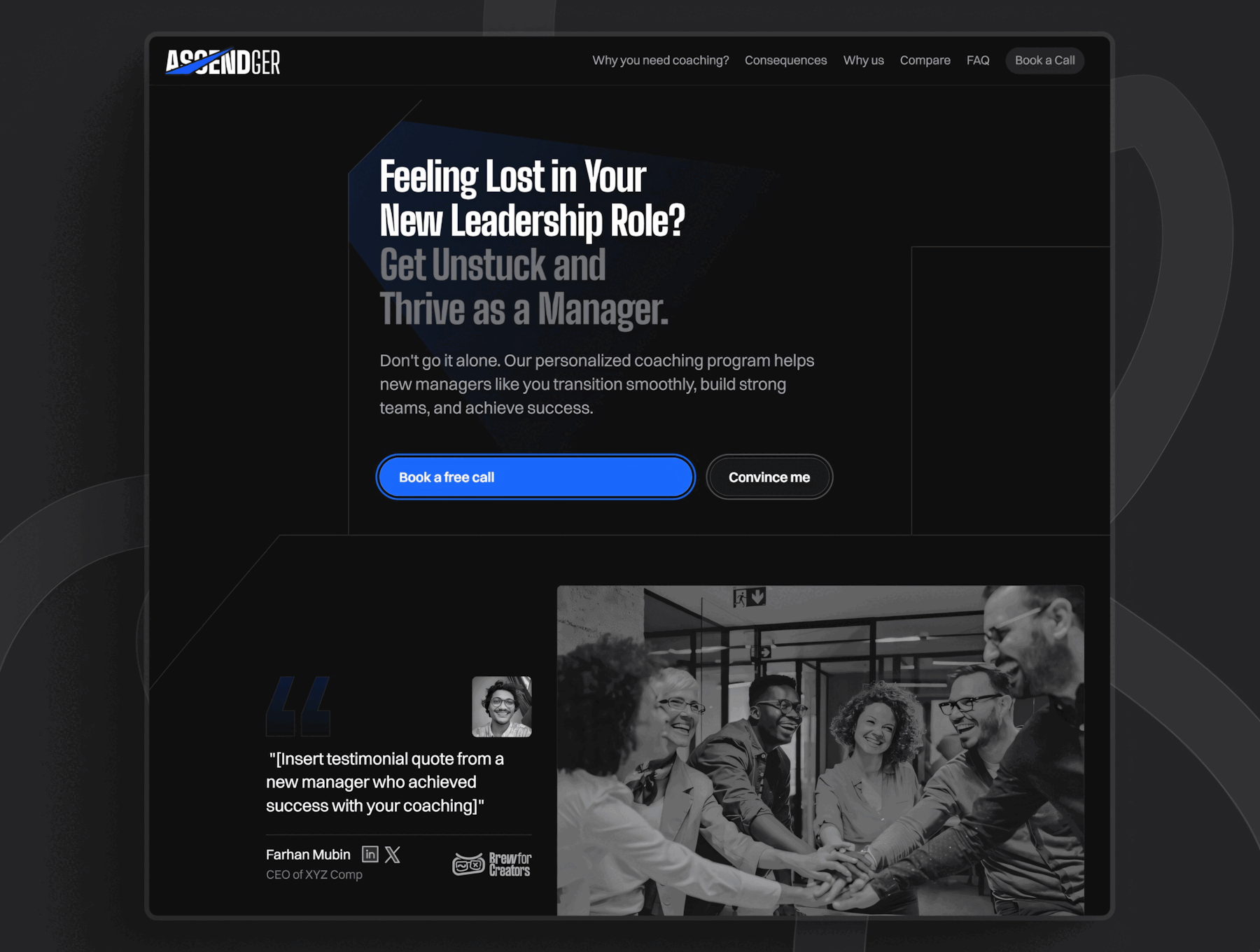 Ascendger: Framer Landing Page Template for Coaches, Consultants coaching landing page coaching website dark mode landing page dark mode website framer framer site framer template framer website landing page one page one page website