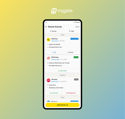 MyGate Activity screen redesign activity gate security mobile app mygate notifications
