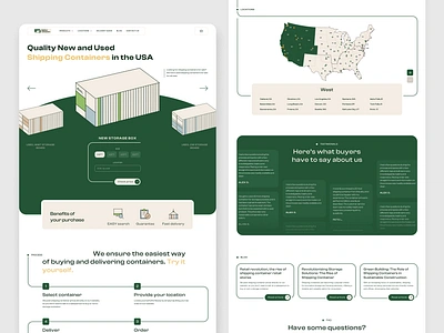 Home Page Design | Shipping & Storage containers E-commerce benefits blog preview concept containerstore dailyui design e commerce green inspiration interactive map landing page onlineshopping process shipping storage containers shippingcontainers shippingsolutions testimonials ui web design website design