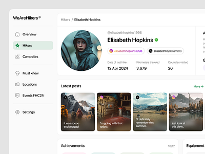 WeAreHikers – Hiker profile account app application bento dashboard design figma hiking layout profile profile view social media social network travel travel dashboard ui ui ux ux web design website