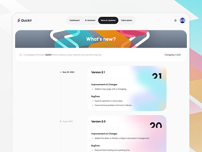 Light Changelog for Quickit UI Kit app changelog dashboard design figma free freebie kit light news quickit template theme udix ui update ux version web white