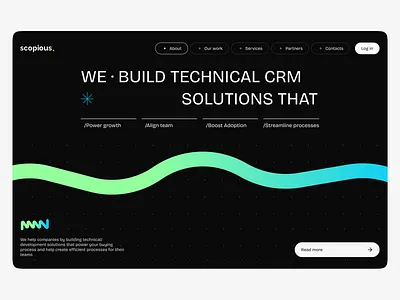 Scopious Digital - landing page of technical CRM Solutions black button concept crm dark design desktop digital figma gradient homepage landing landing page line log in minimalism moderm ui ux web