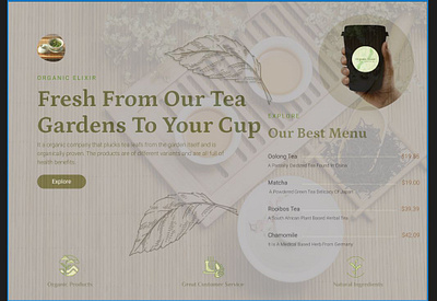 Tea website homepage showcasing "Organic Elixir" branding figma logo
