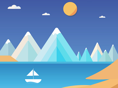 landscape with mountains and sea abstract beach boat cartoon clouds cold doodle graphic design illustration island landmark landscape mountains sea side sea view ship summer sun vector water