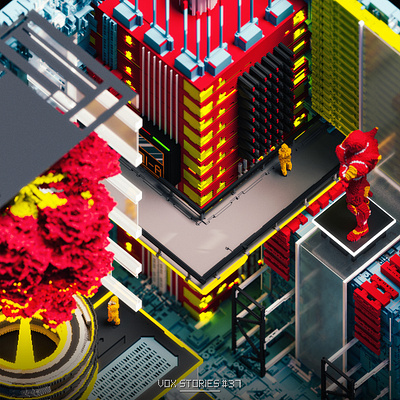 VoxStories 37 - Pulsing Dynamo 3d animation art concept art cyberpunk cyborg digital art diorama dystopia environment game isometric magicavoxel ui voxel