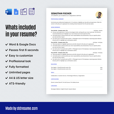 1-Column standard resume - designed for all professionals 2 columnresume 2column application career creative cv donwload downloadresume job jobapplication modern proffesional resume resumetemplate student template