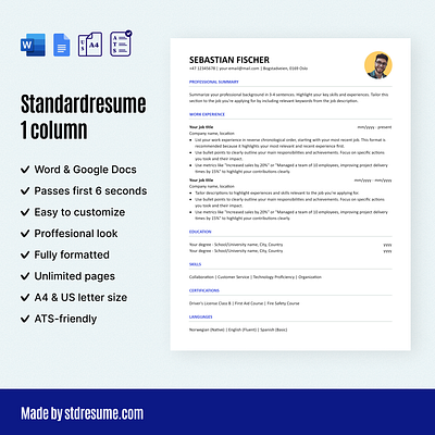 1-Column standard resume - designed for all professionals 2 columnresume 2column application career creative cv donwload downloadresume job jobapplication modern proffesional resume resumetemplate student template