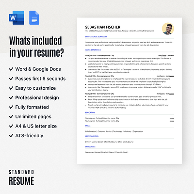 1-Column standard resume - designed for all professionals 2 columnresume 2column application career creative cv donwload downloadresume job jobapplication modern proffesional resume resumetemplate student template